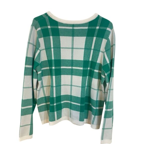 Tahari XL crew neck long sleeve sweater green and cream plaid - Picture 5 of 7